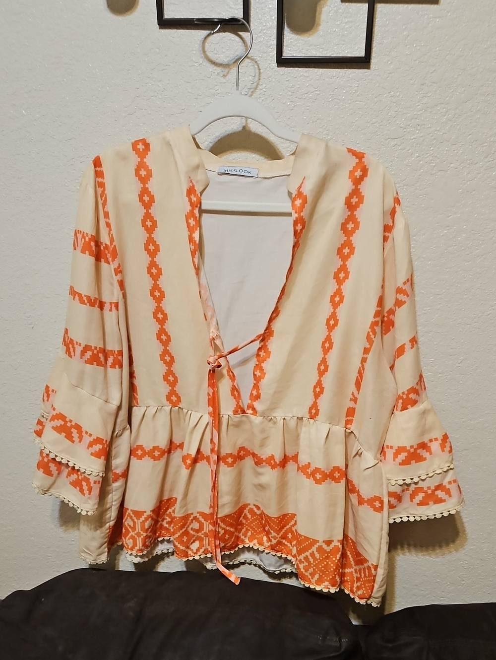 MISSLOOK Cream Tunic with Orange Geometric Embroidery